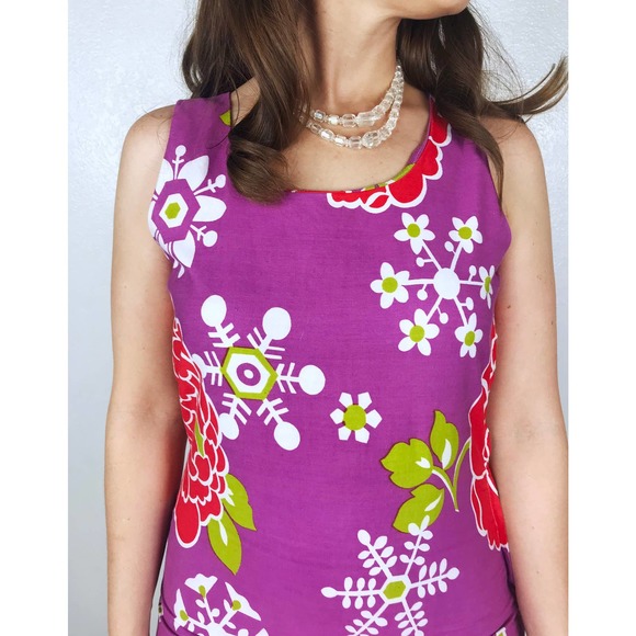 vintage 60s Orchid GIANT FLOWERS Snowflake Print tropical retro summer sun dress - Picture 5 of 10